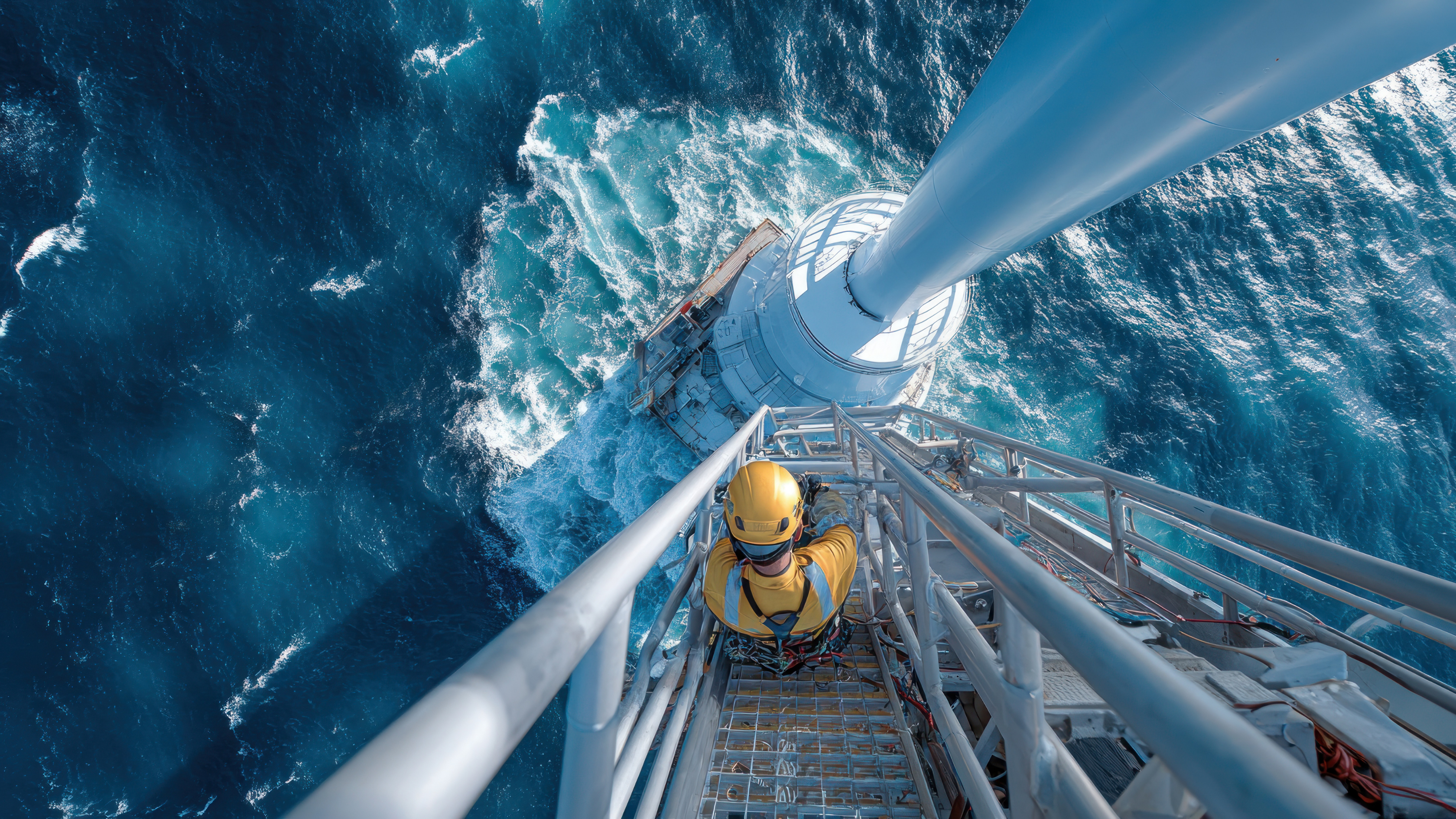 Worker in safety gear climbing down a ladder on an offshore wind turbine, with waves crashing below in the open ocean.
